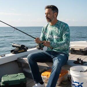 Huk Mens Performance Fishing Shirt Mossy Oak Fracture Camo Green Long Sleeve S